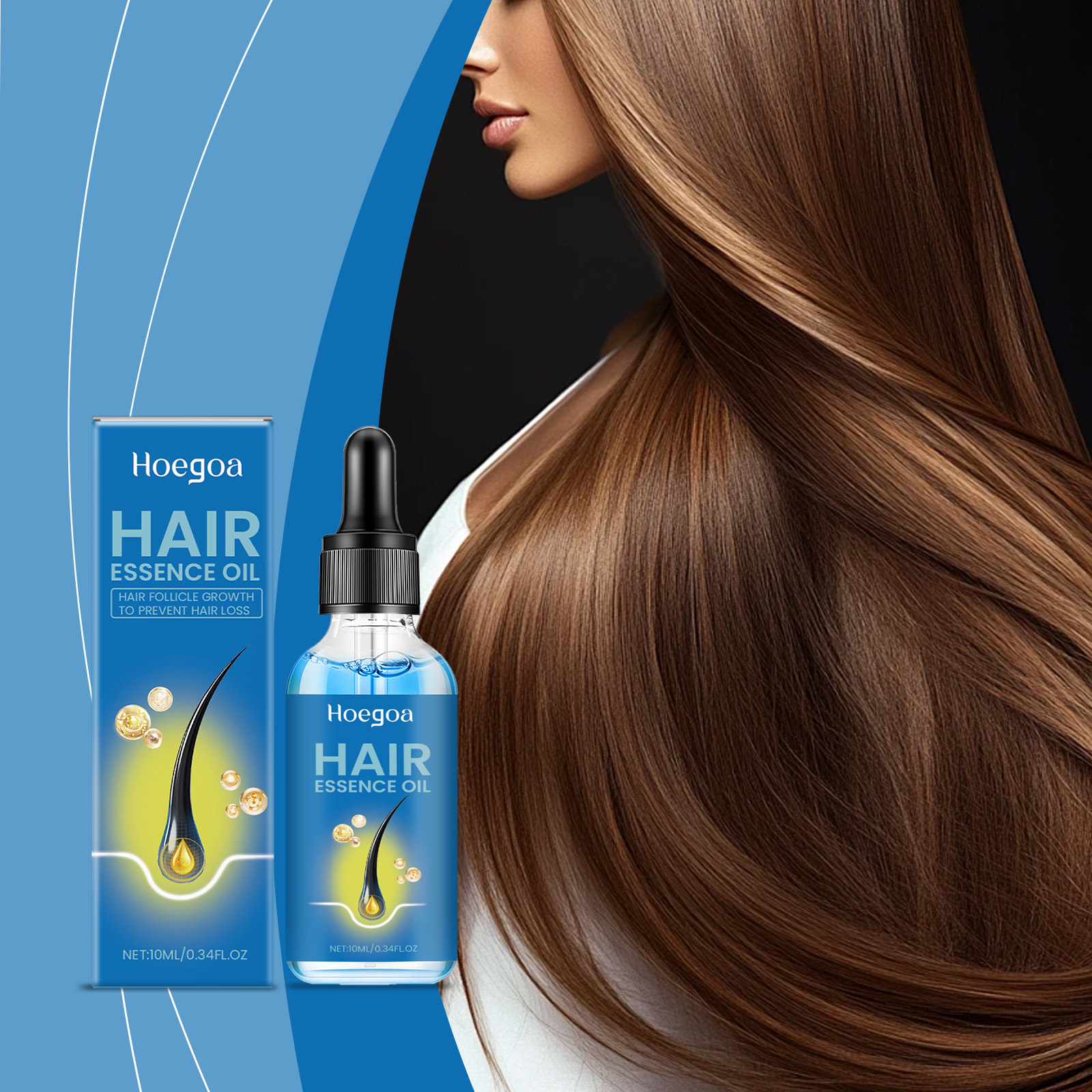 Woman with long glossy hair beside Hoegoa serum
