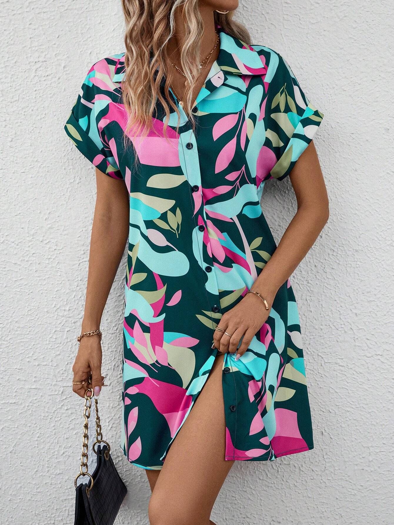 Women's tropical print midi dress lifestyle resort shot
