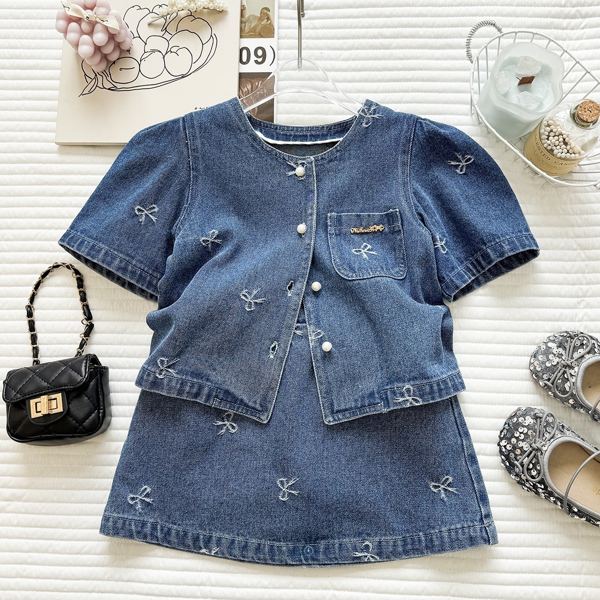 Summer Girls' Set New Retro Short Sleeve Denim Top Skirt With Bow Embroidery Two-Piece Set