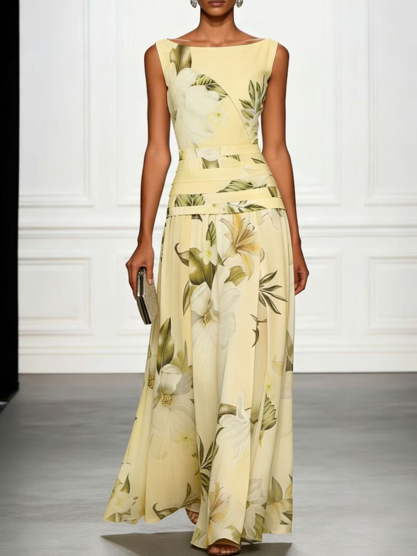 Women's Floral Print Sleeveless Backless Maxi Dress - model wearing pink version