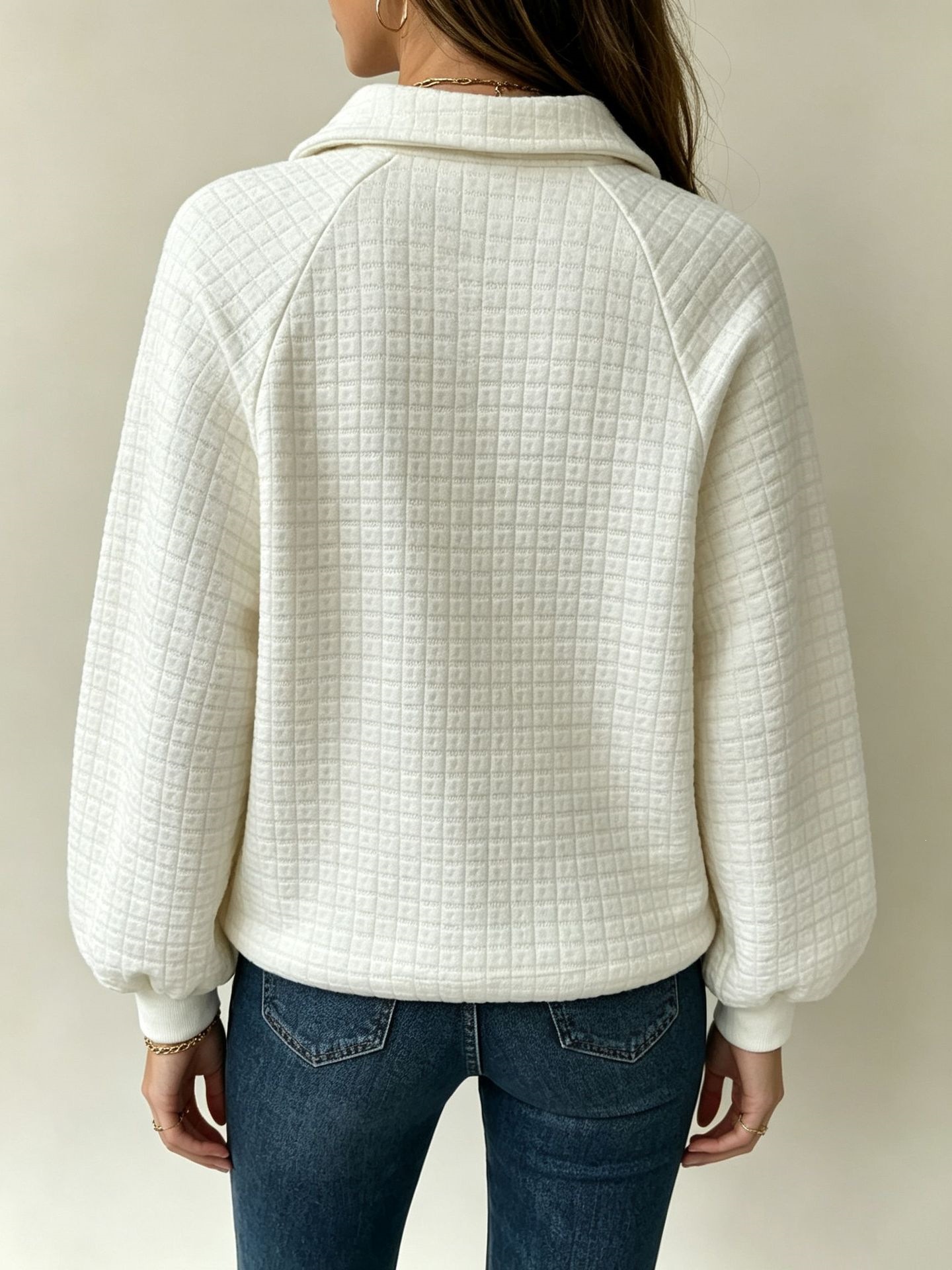 Women's apricot raglan sleeve top – turn-down collar loose fit pullover back