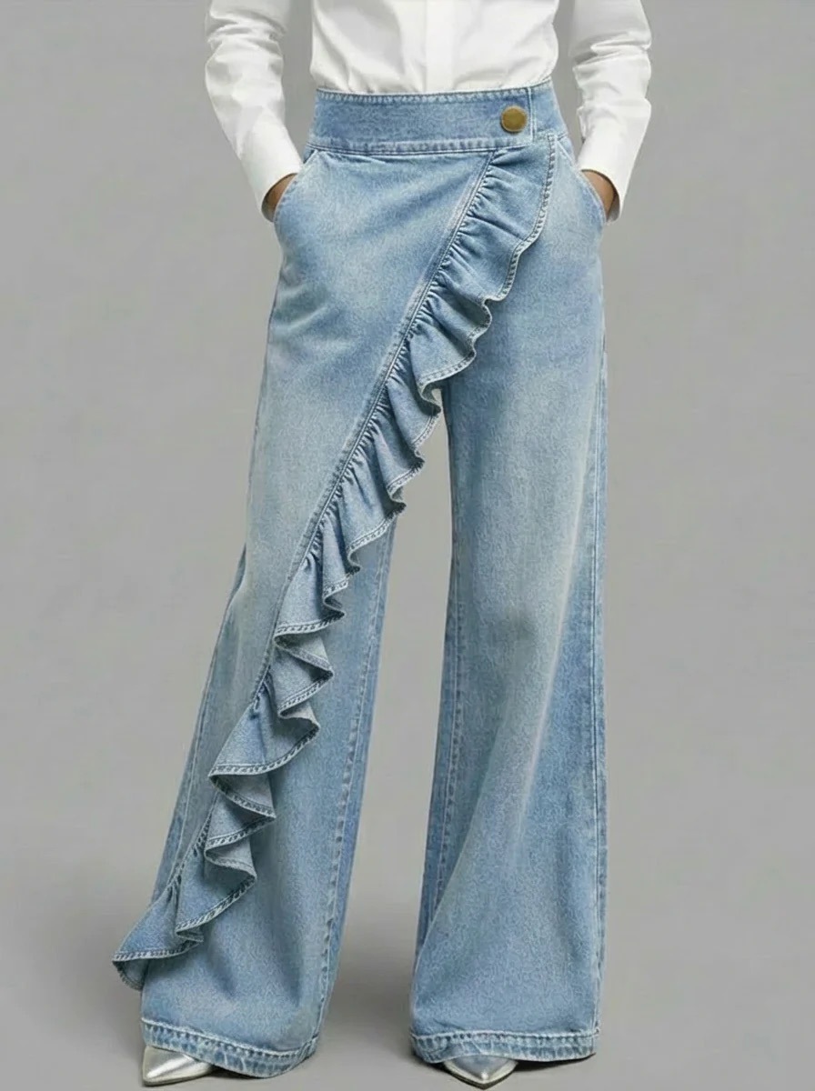 Women's dark blue vintage irregular mid-waist slim denim jeans – front view retro chic style