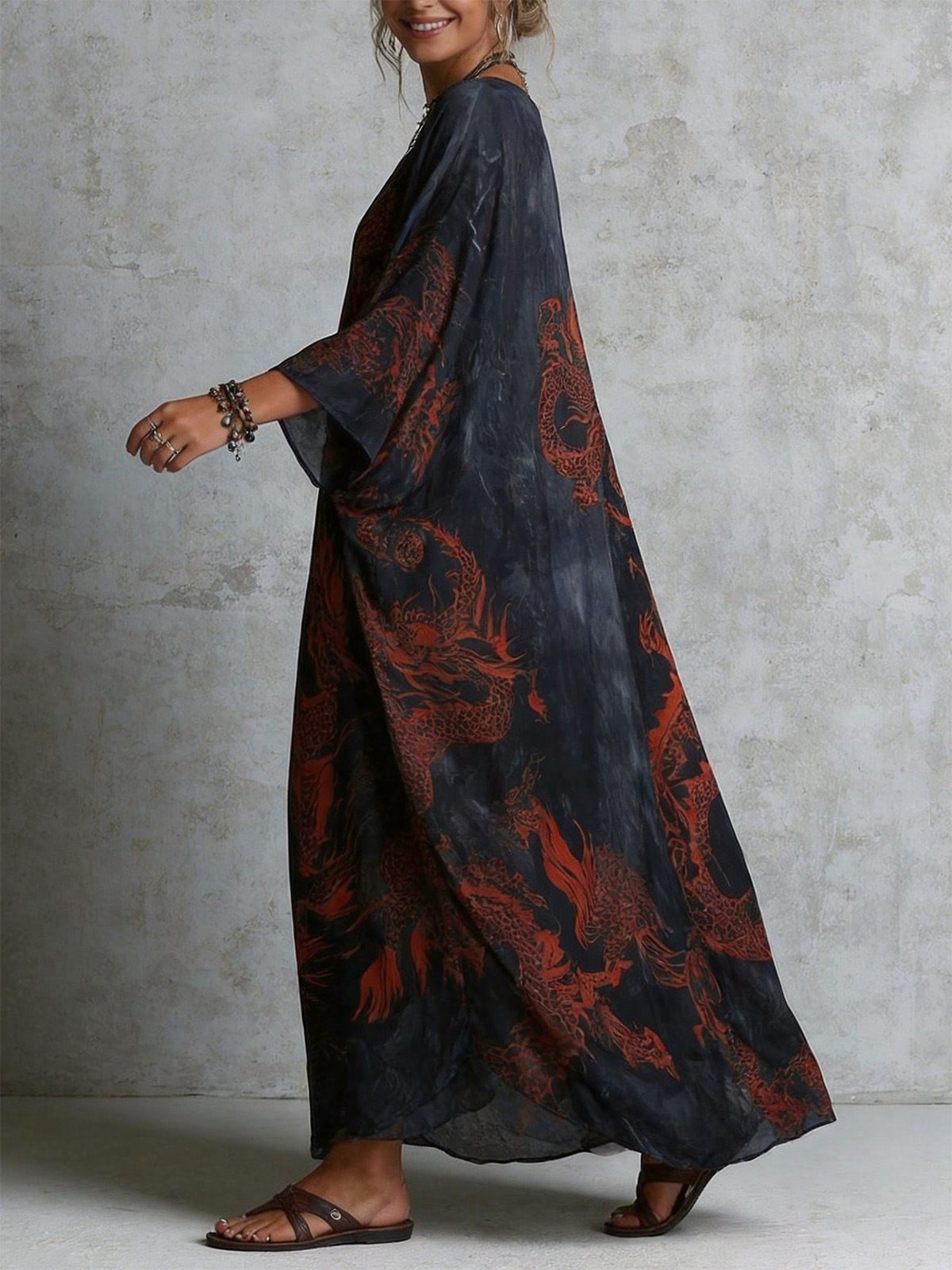 Women's Dragon Print Maxi Dress - back view detail