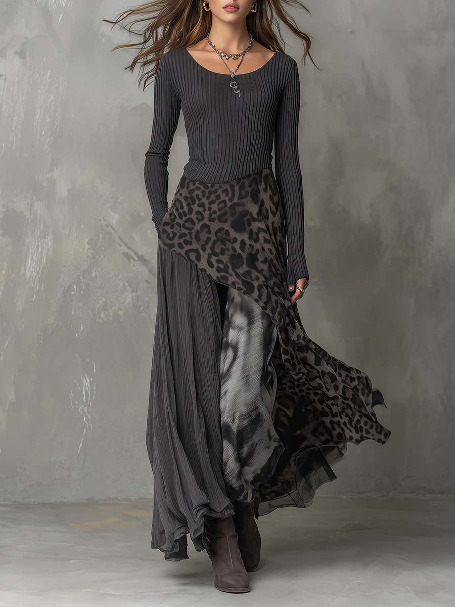 Women's leopard print maxi dress color and fabric detail – black charcoal