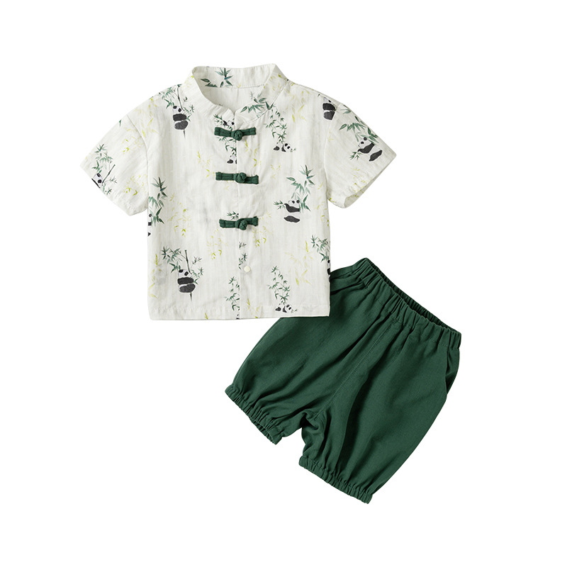 Two piece set of buckle short sleeved shorts for boys