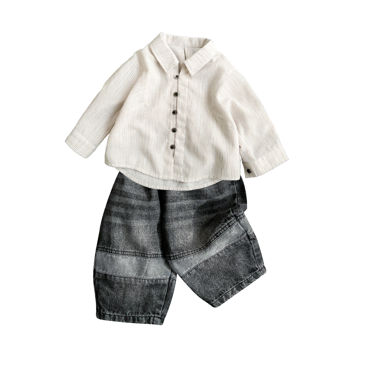 Long Sleeve Shirt Set for Boys Casual Stripe Outfit Kids Denim Pants Two-Piece Set