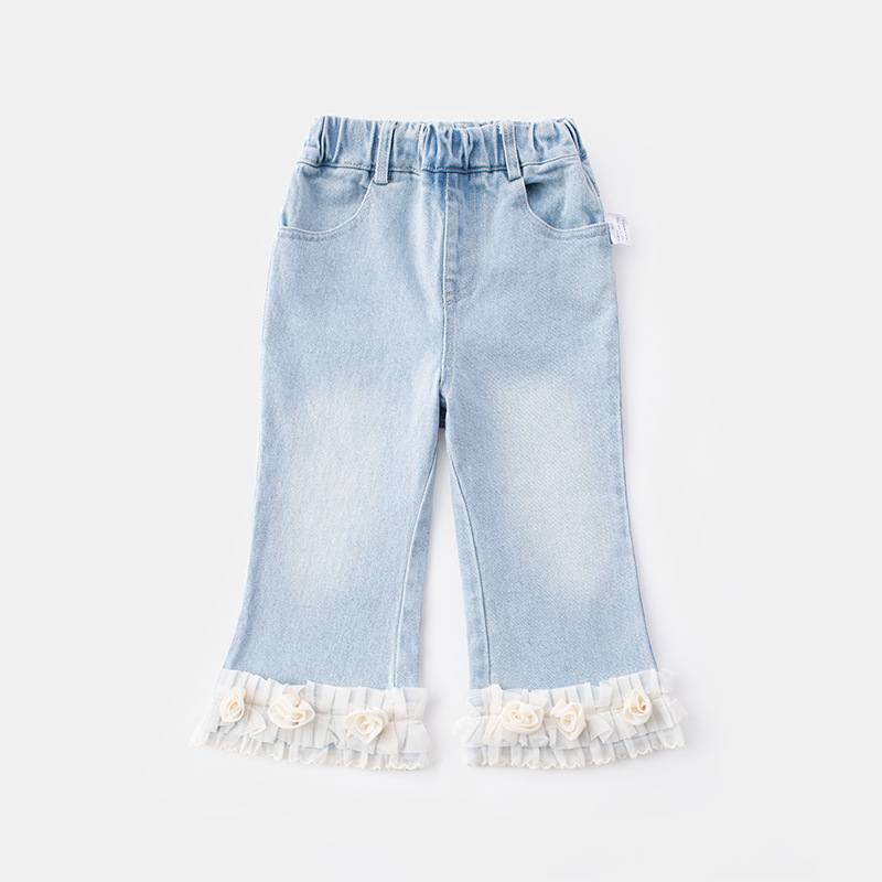 Fashionable Lace Trim Denim Pants for Baby Girls Autumn Spring Loose Flared Trousers
