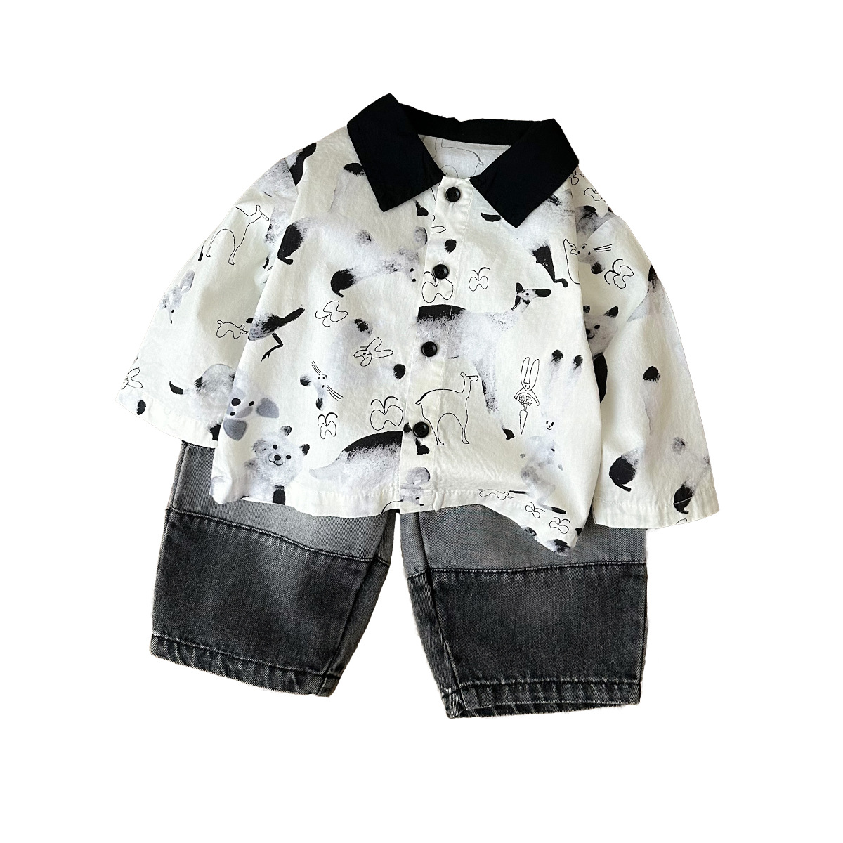 Cute Shirt Patchwork Denim Pants Set for Boys, Kids 2-Piece Outfit