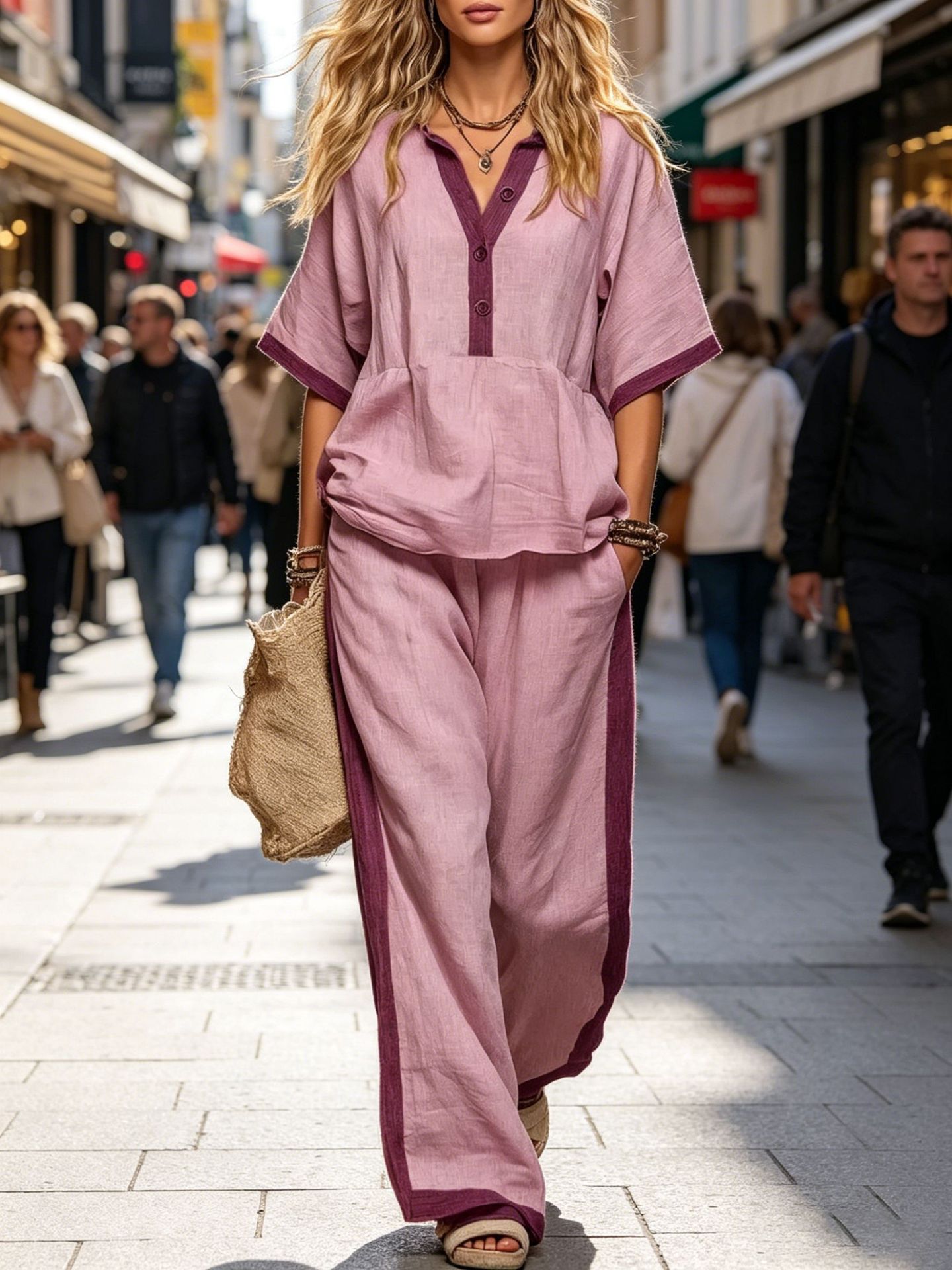 Women's two-piece set worn with sandals street style