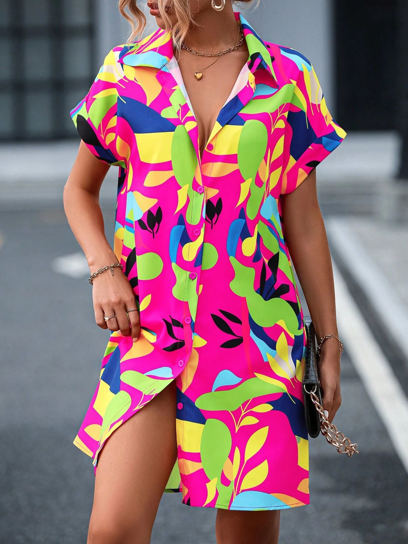 Women's colorful shirt dress lifestyle shot – styled with sandals and bag