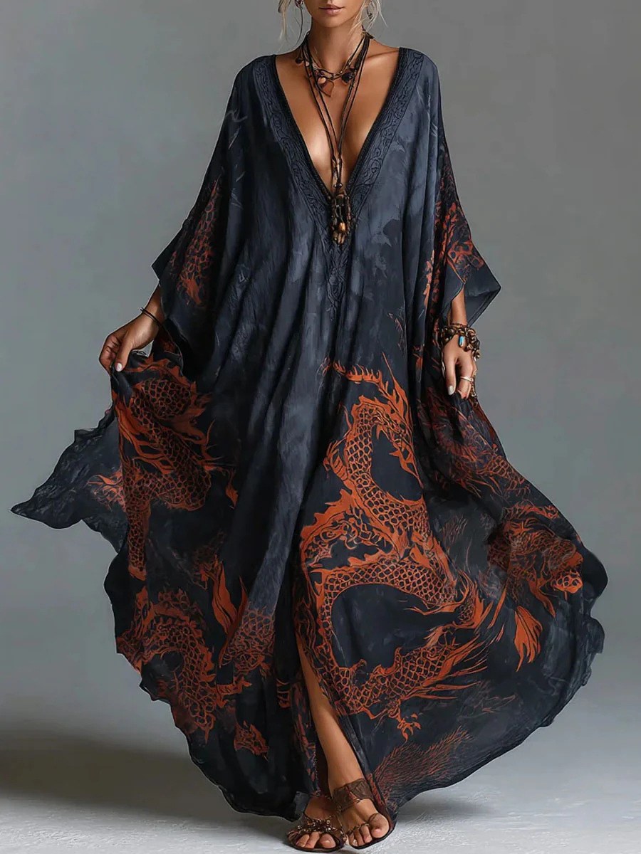Women's Dragon Print Maxi Dress - side view showing full length silhouette