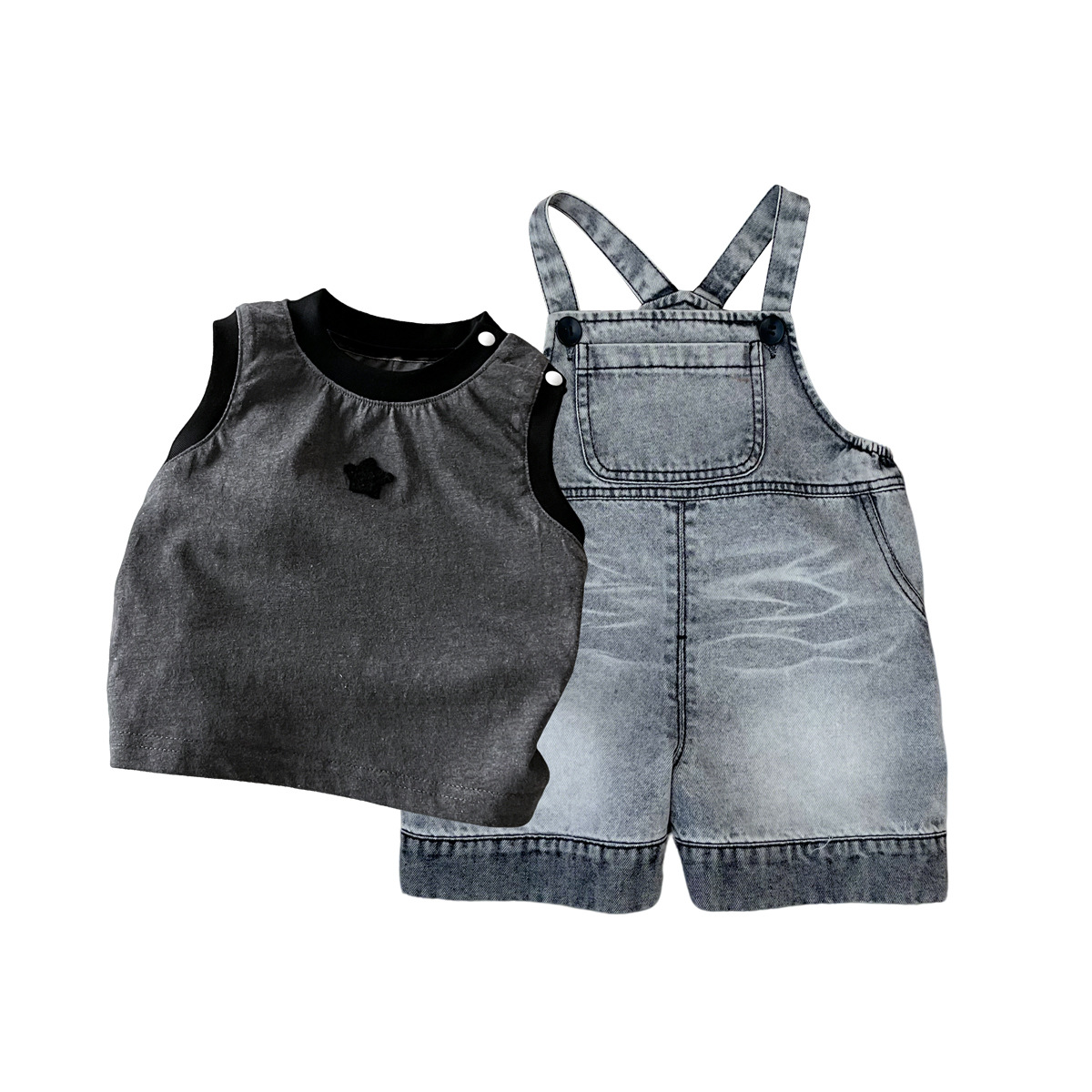Boys' Overalls Set Two-Piece Outfit with Vest T-Shirt and Jeans
