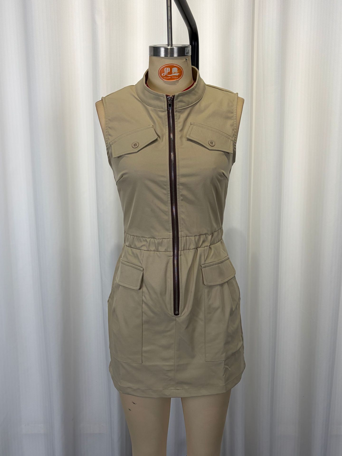 Stand collar sleeveless maxi dress khaki – solid color workwear long dress