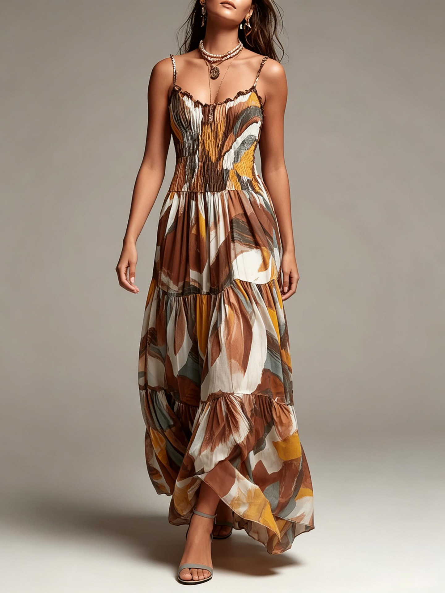 Solid brown maxi dress – thin strap pleated waist long dress for women
