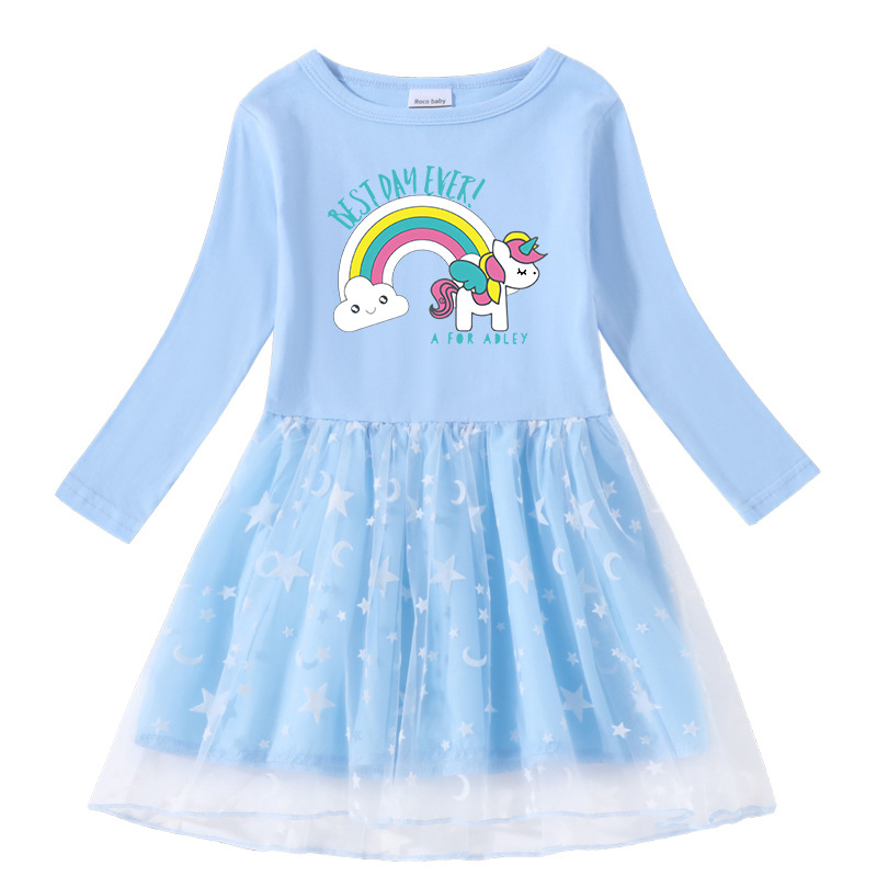 Printed cartoon star moon mesh long sleeved skirt