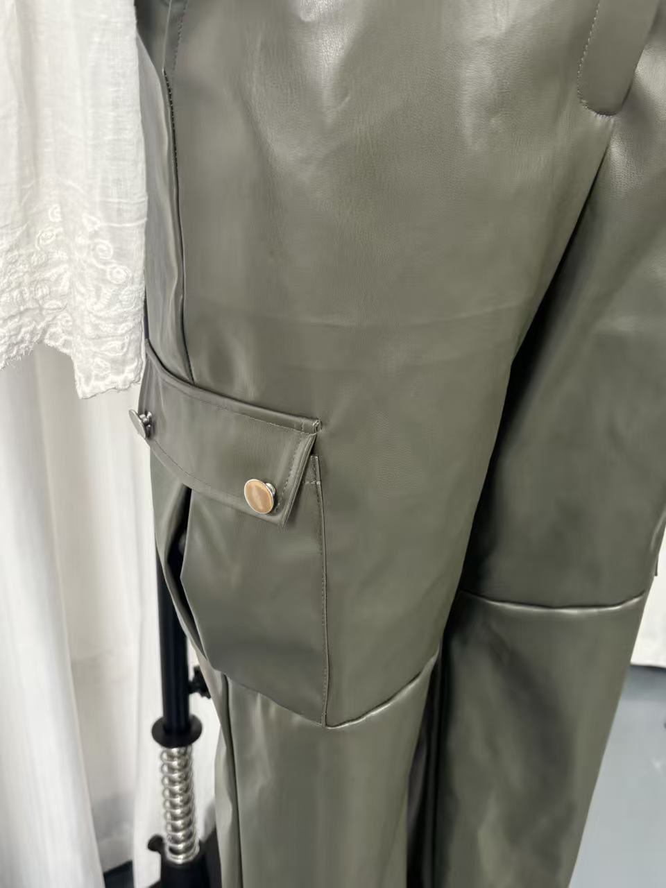Women's full length elastic waist pants – army green PU leather streetwear