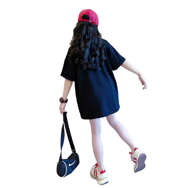 Girls' Short Sleeve T-Shirt Children's Clothing Top for Girls, Loose Mid-Length Half Sleeve T-shirt
