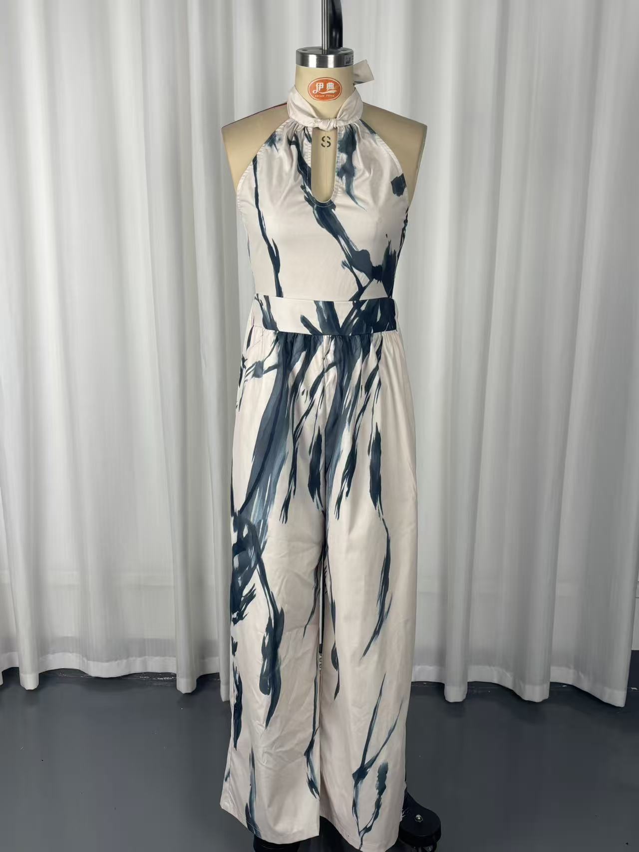 Wide leg pocket jumpsuit apricot – ink print halter neck full length resort wear