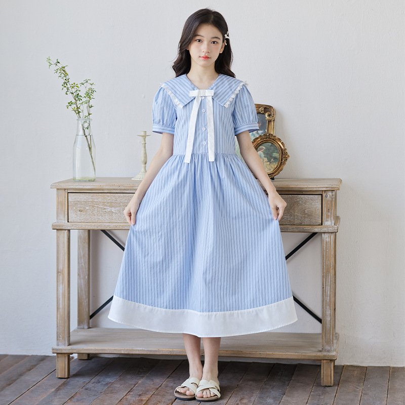 Robe à col pour enfants et adolescentes, robe rayée de style académique pour filles