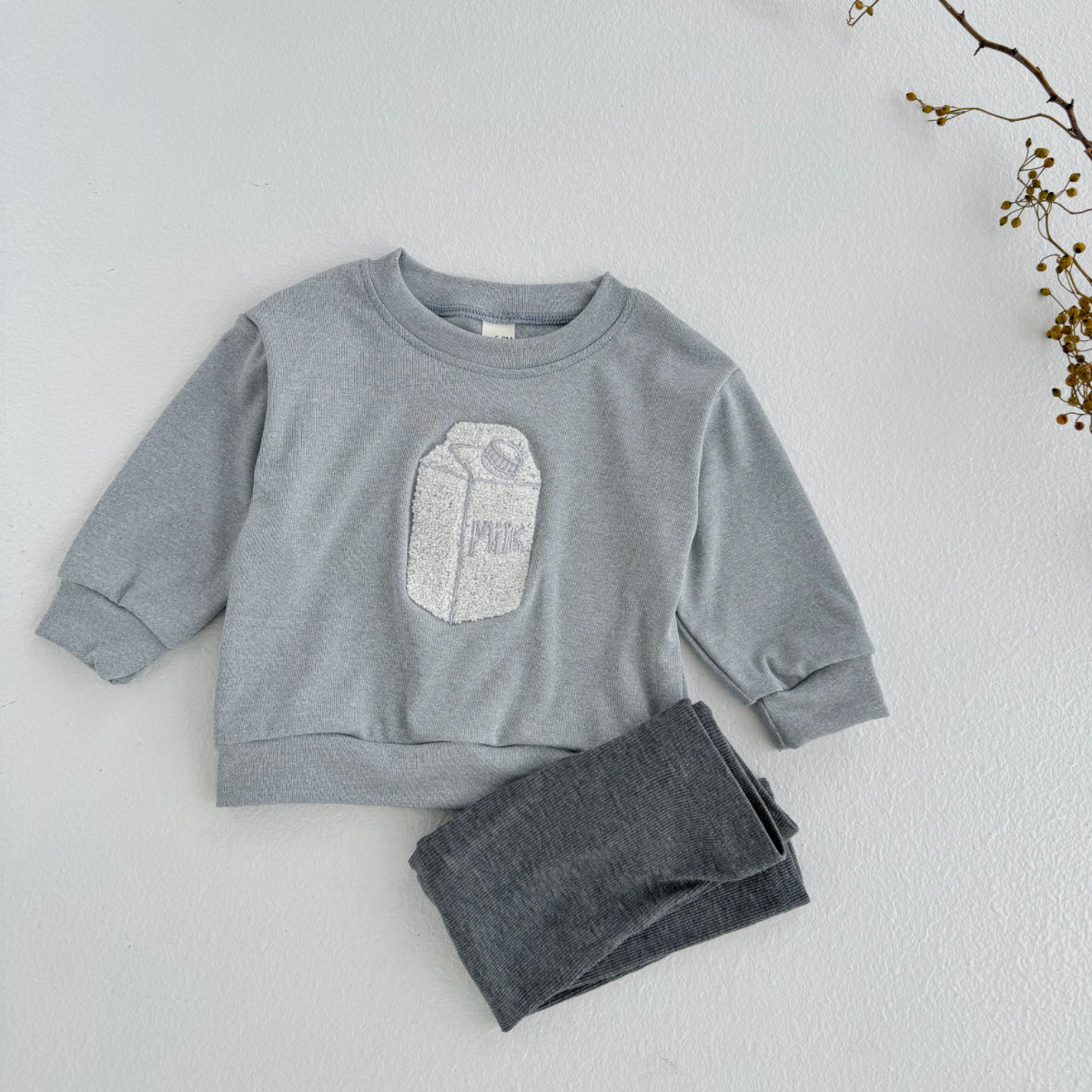 Milk box patch hoodie+solid color pants casual set