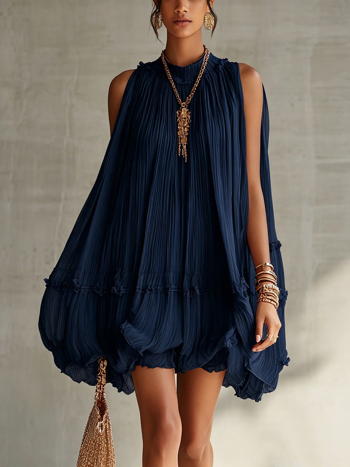 Sleeveless Pleated Mini Dress for Women, Loose A-Line Skirt with Ruffled Hem, Ga