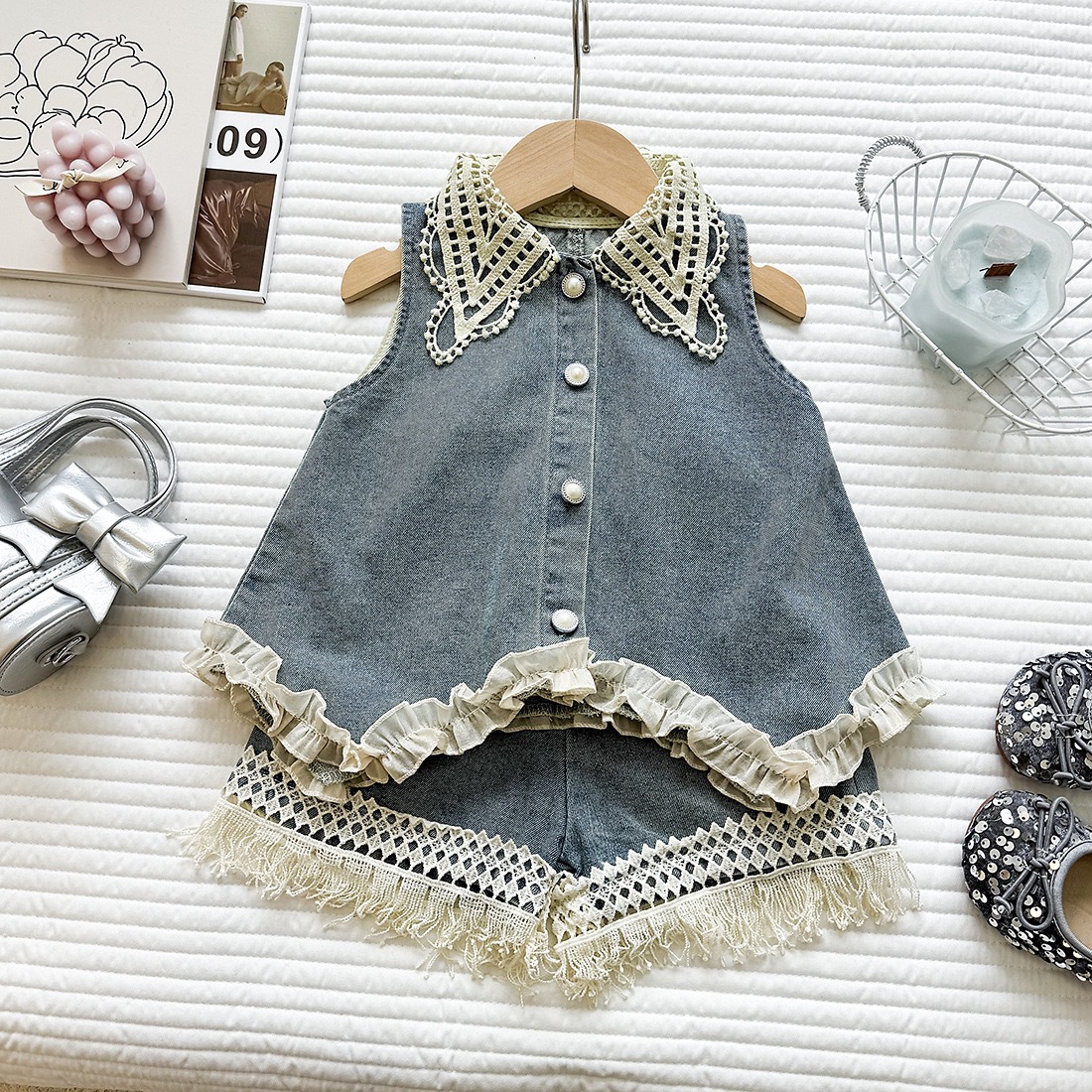 Fashionable Lace Collar Denim Vest Top with Ruffle Shorts Set for GirlsCasual Two-Piece Outfit