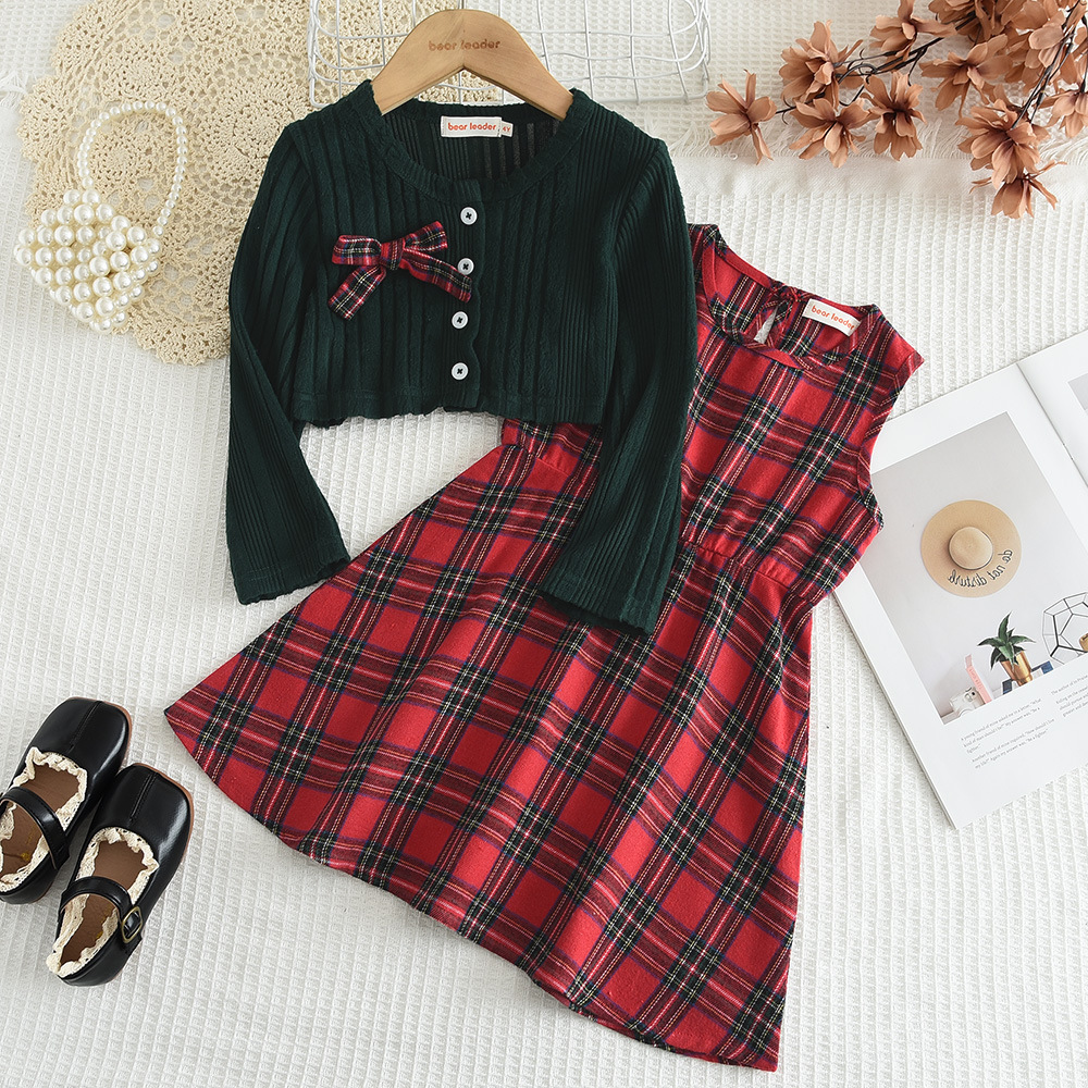 Ensemble automne/hiver pour filles : cardigan vert à manches longues et robe-débardeur à carreaux rouges, best-seller de Noël
