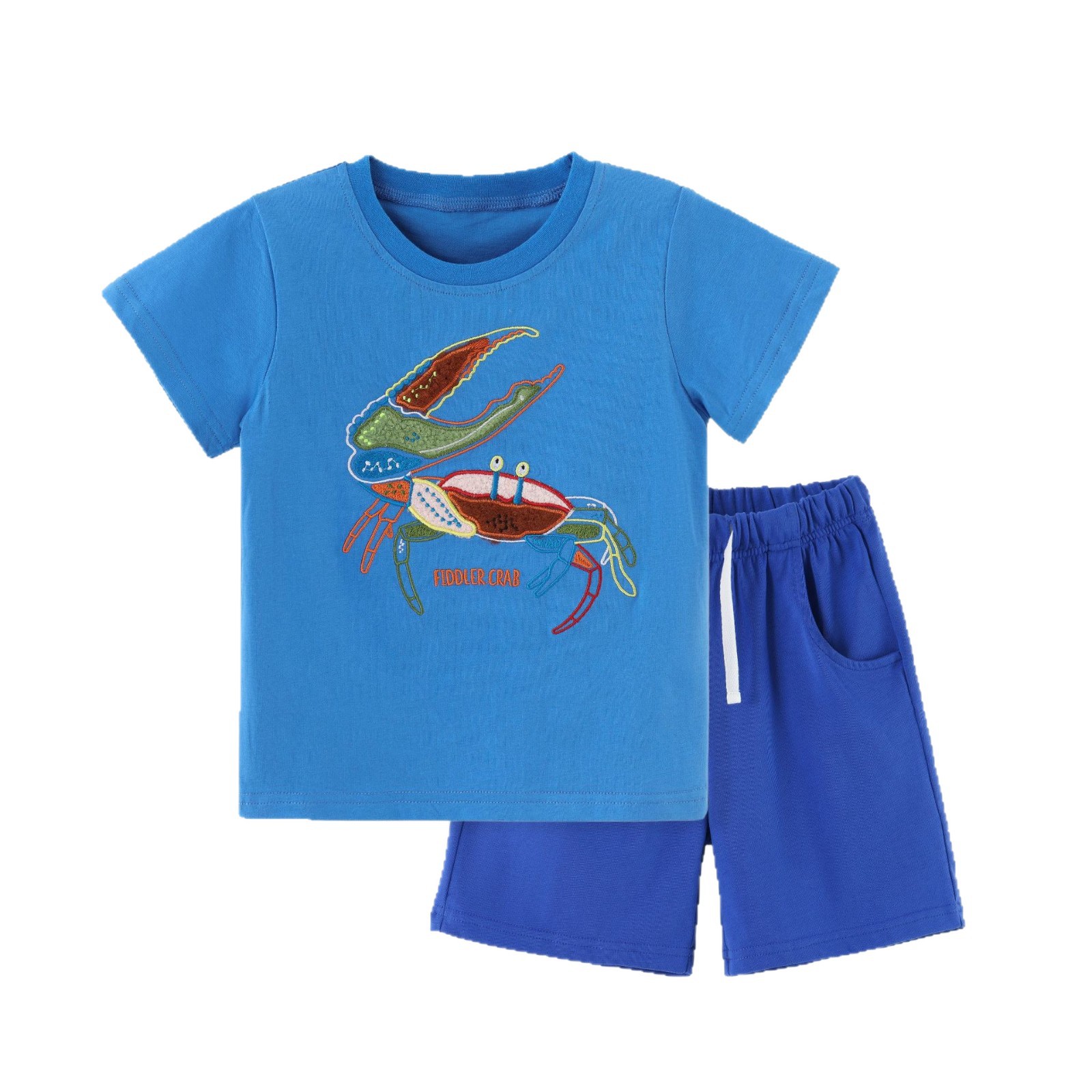 round neck short sleeve 2-piece set, cute crab embroidery children's set