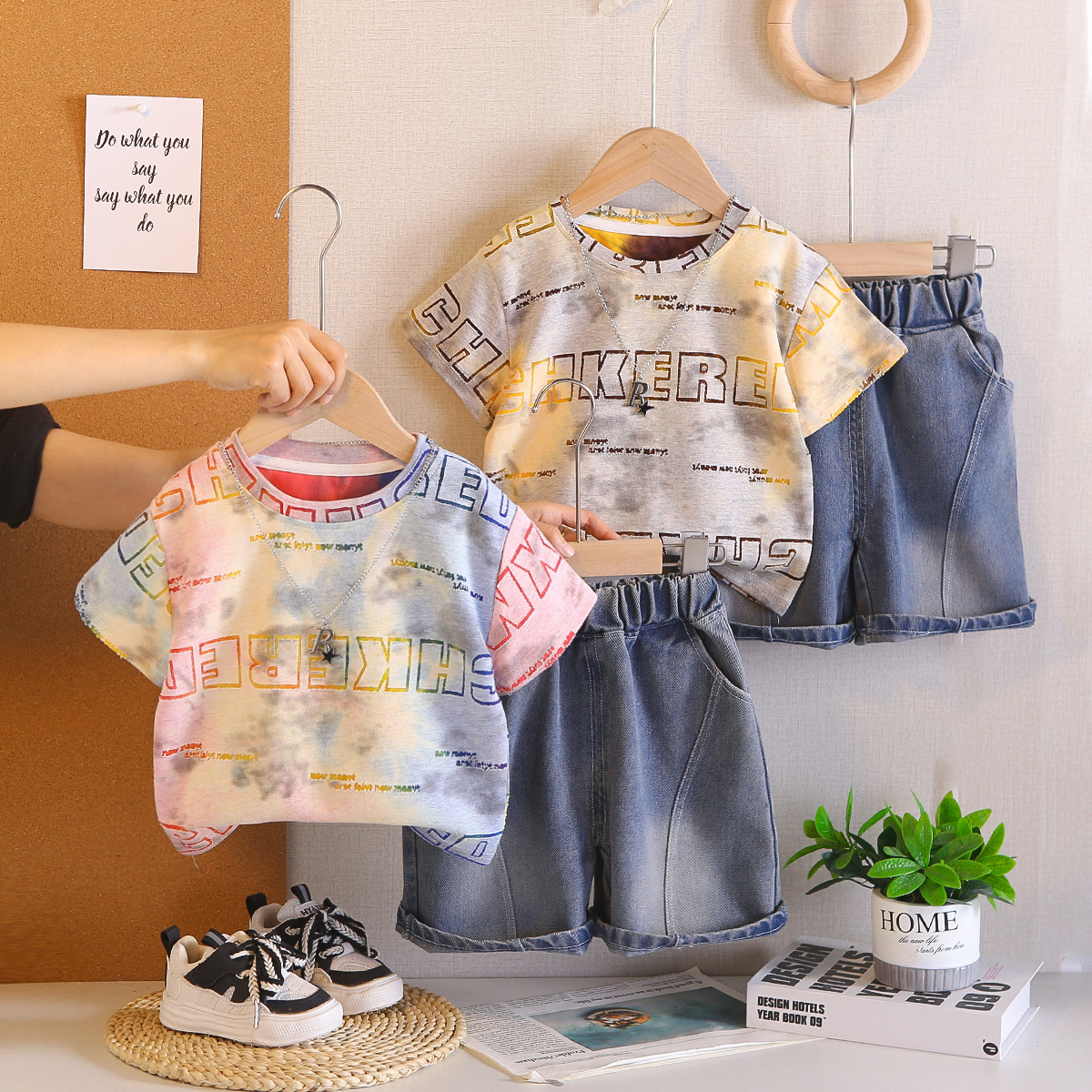 Summer Baby tie dye letter short sleeved two-piece set