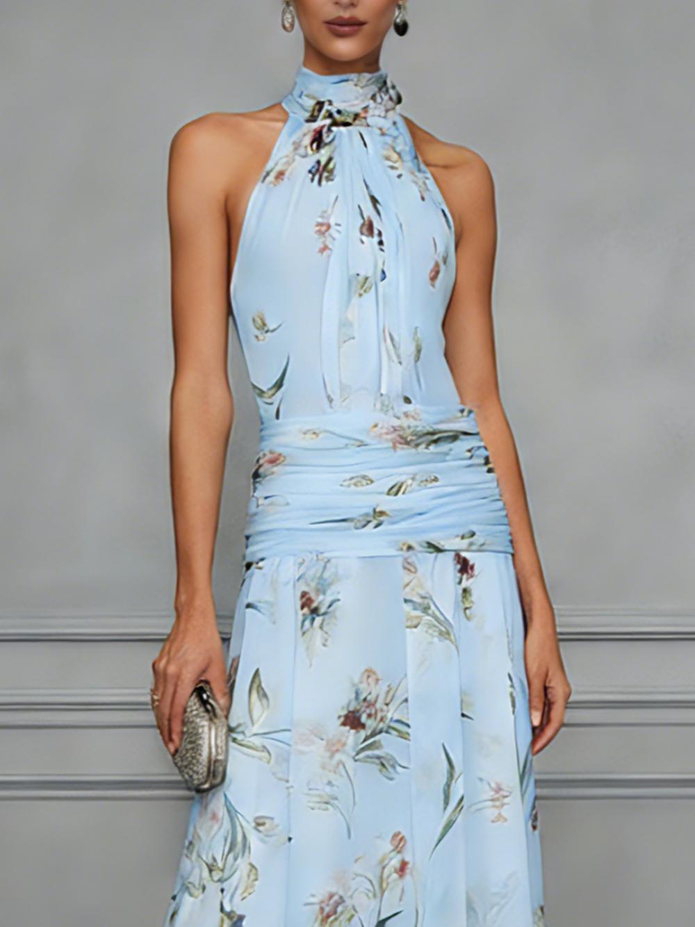 Women's printed halter maxi dress – fitted sleeveless long dress white green