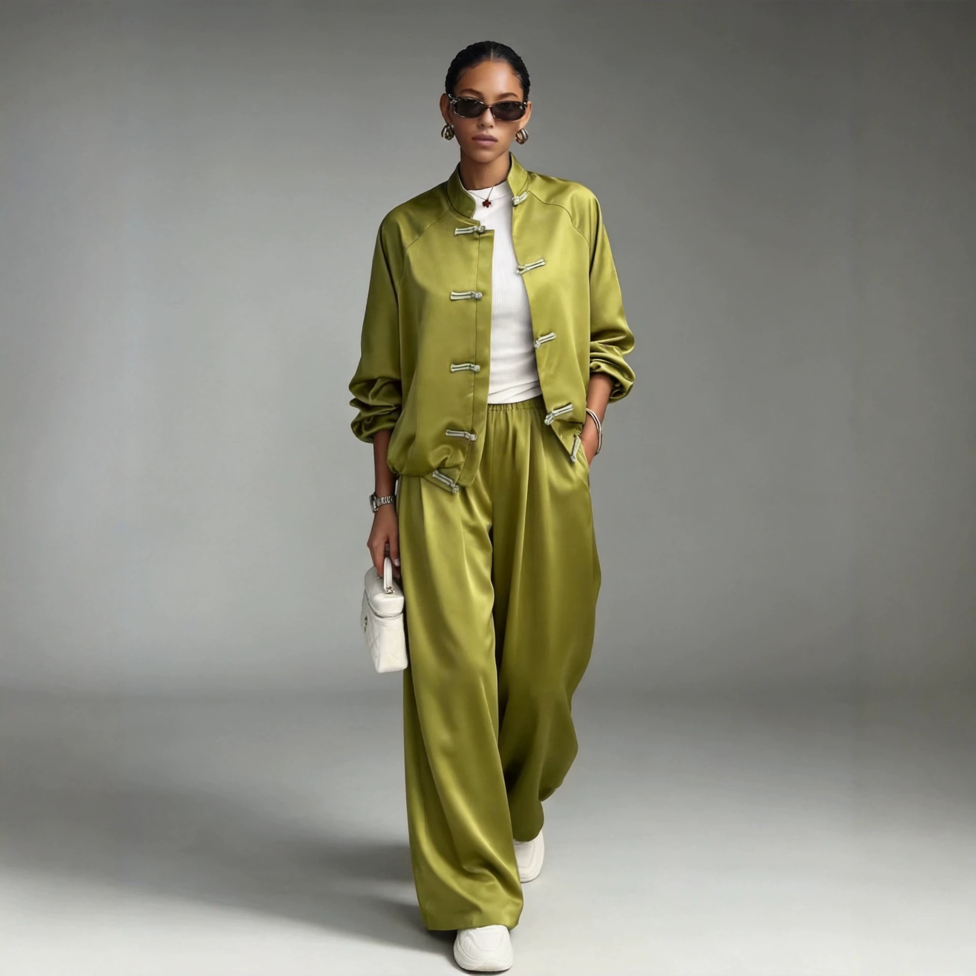 Women's Satin Two-Piece Set - lifestyle editorial styling shot