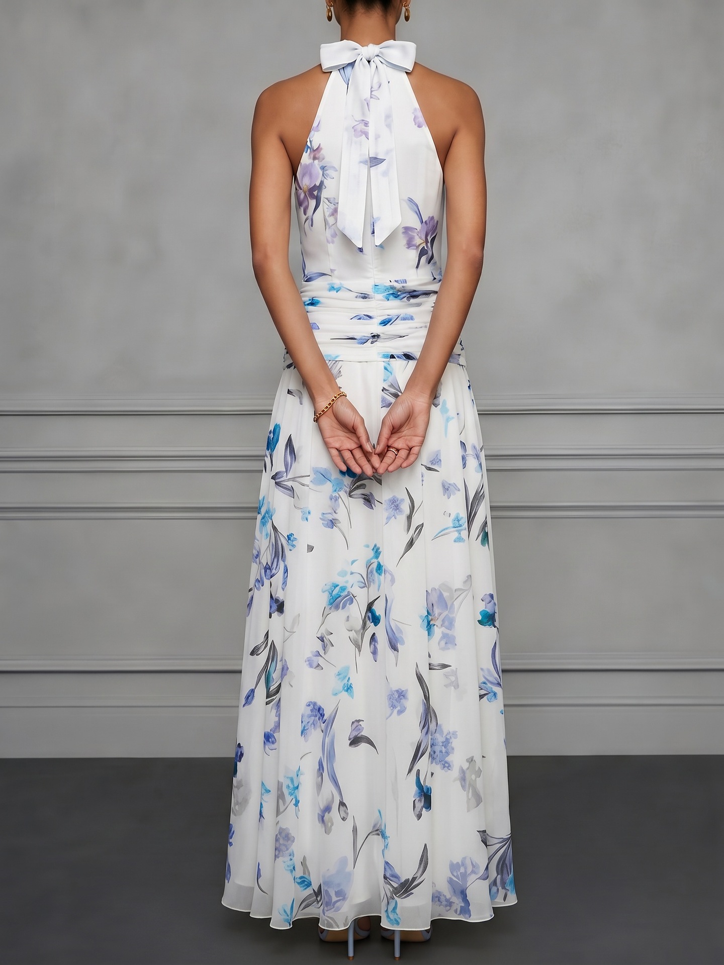 Women's printed halter maxi dress – fitted sleeveless long dress five colors