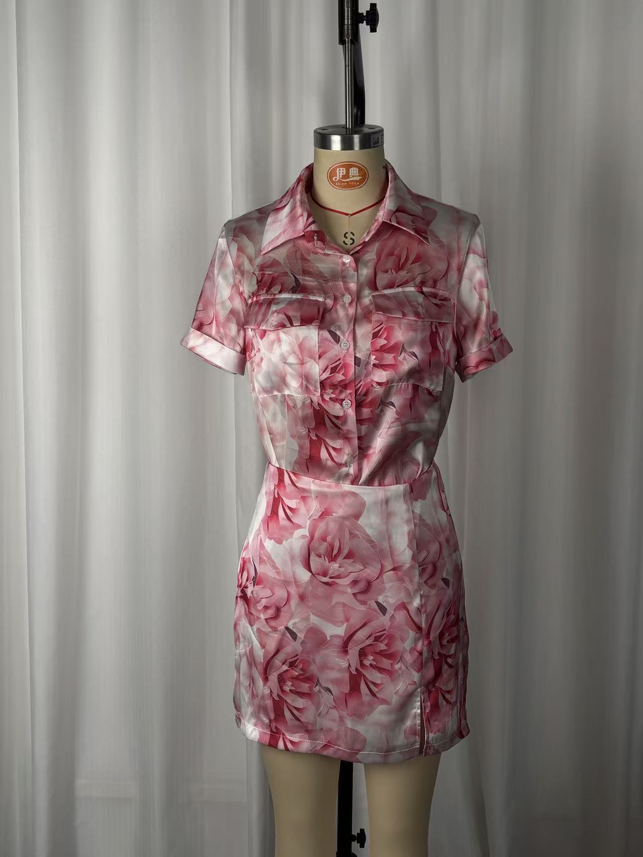 Floral mini skirt slit detail – rose print two-piece set women's vacation wear