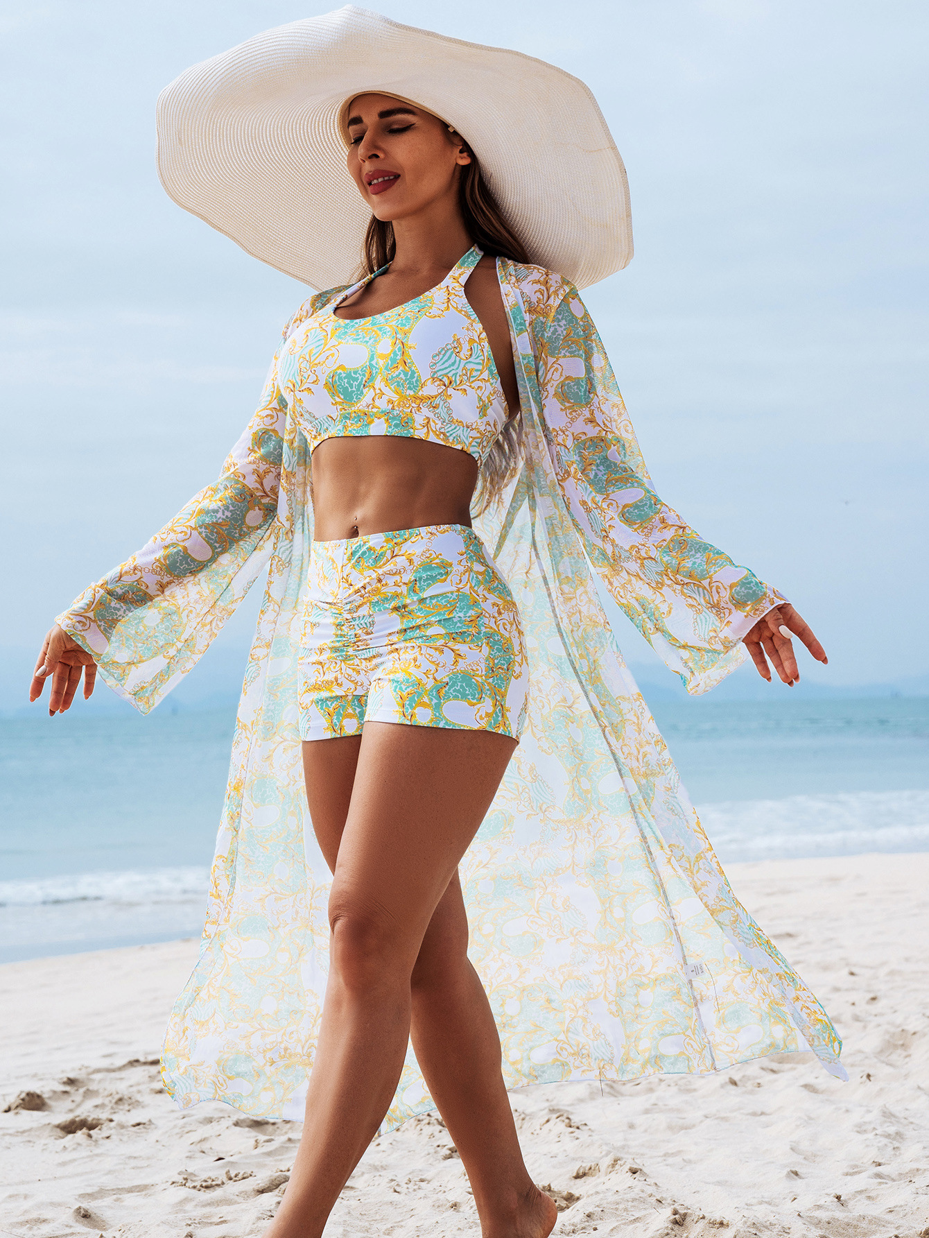Multi-color print bikini three-piece set lifestyle photo – padded sexy swimwear for women