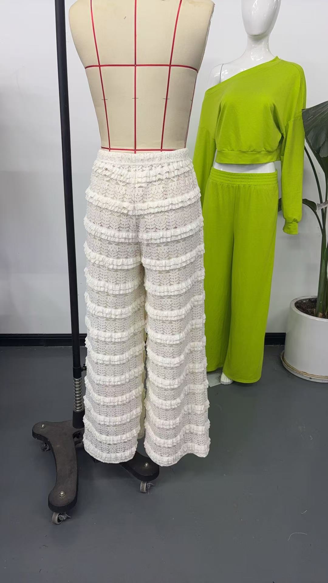 Women's boho lace wide-leg pants tie-up drawstring waist detail
