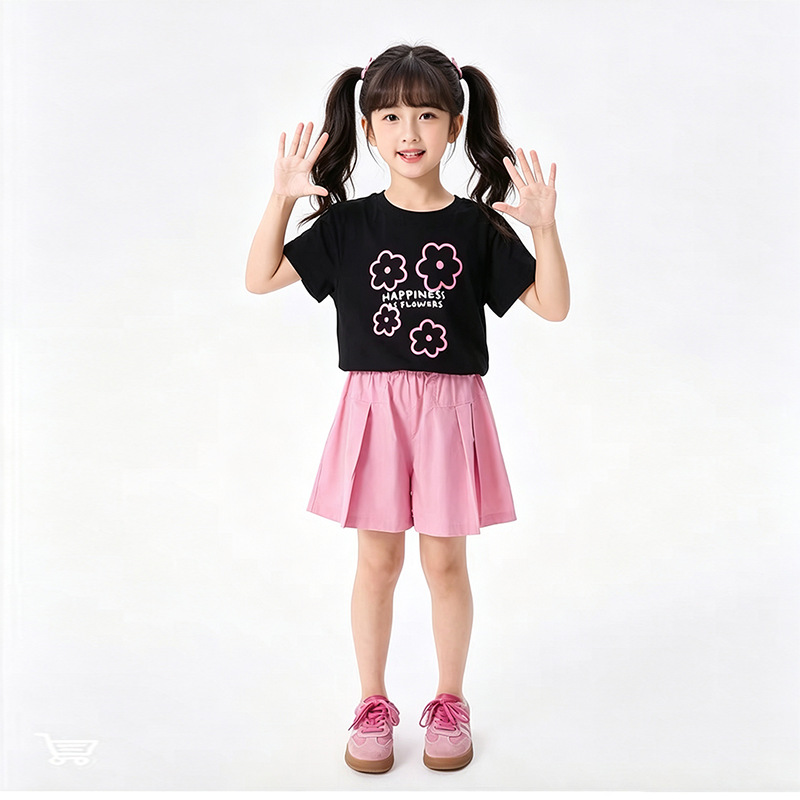 Girl's floral print round neck pure cotton T-shirt
