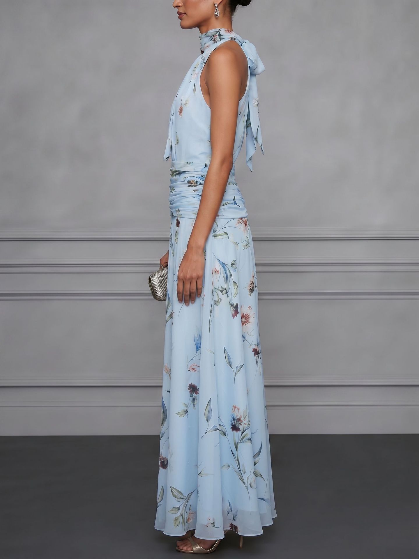 Halter neck printed dress light yellow – fitted sleeveless maxi long vacation dress