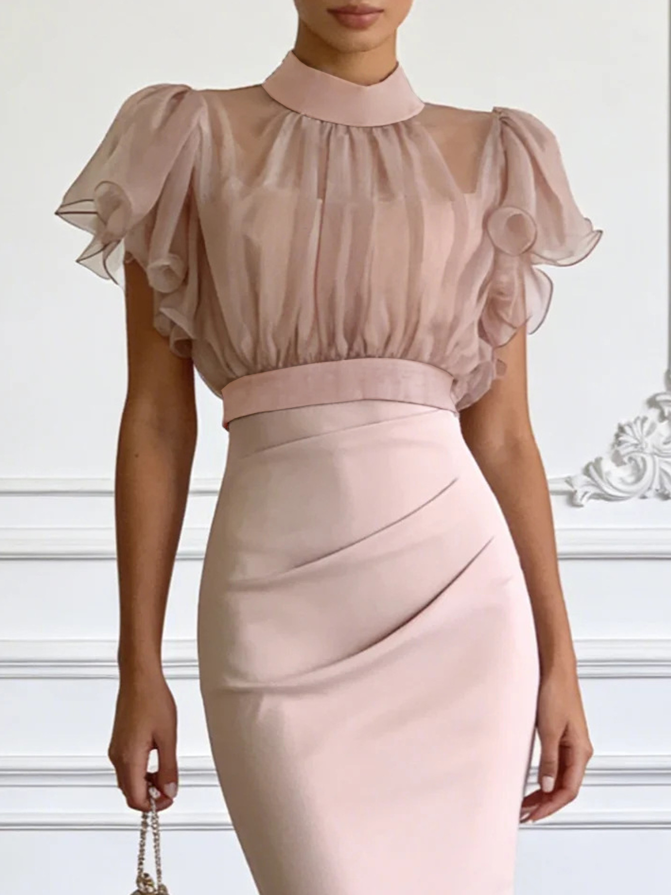 Women's pink lace-up waist dress set – mesh top and long skirt two-piece