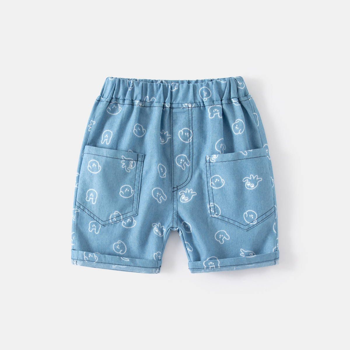 Denim Shorts Cartoon Pattern Casual Shorts Mid-Waist Elastic Waistband Denim