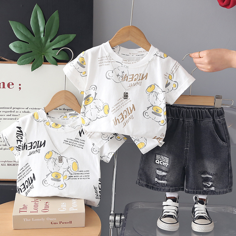 Summer letter bear short sleeved two-piece baby outfit