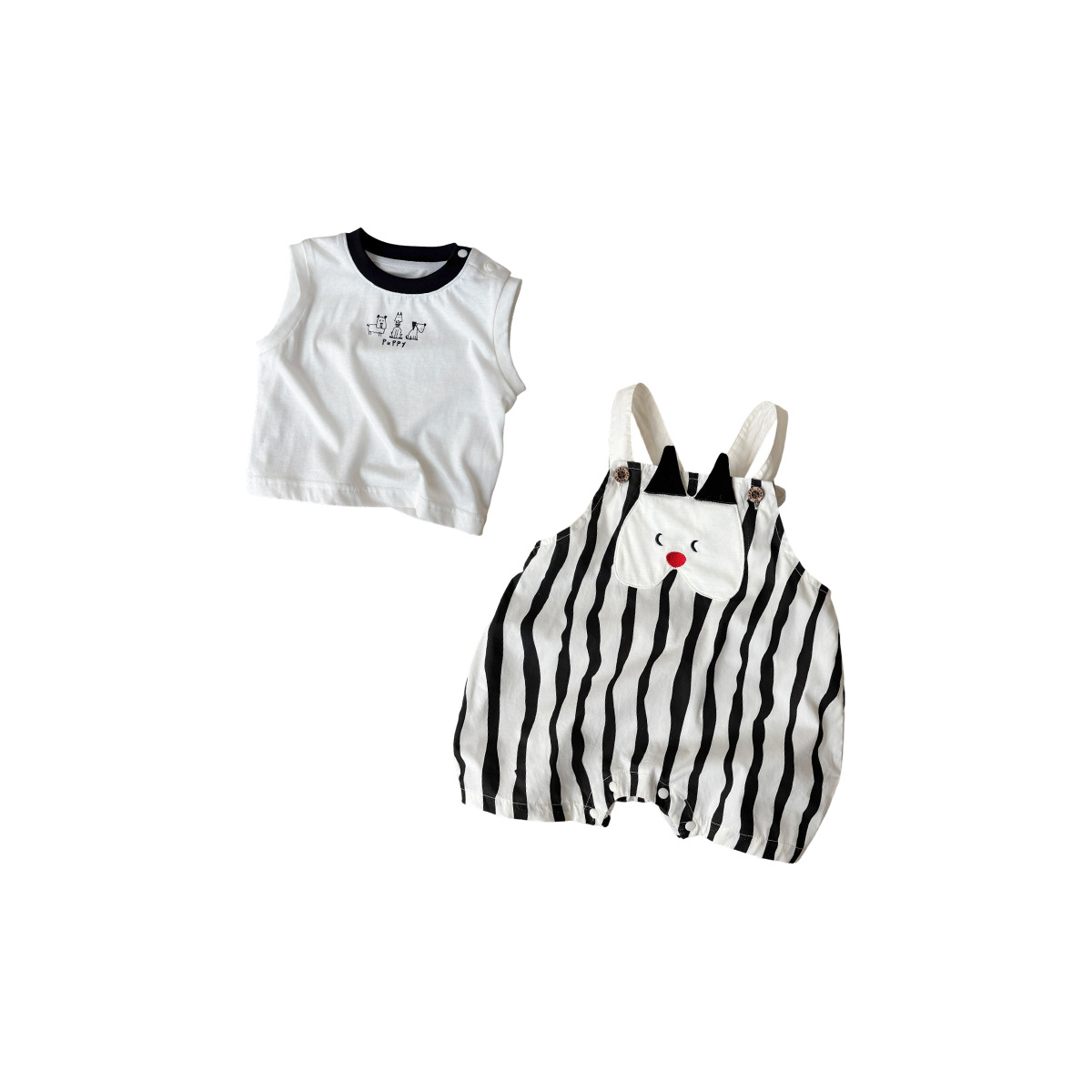 Cute Cartoon Sleeveless Top with Striped Overalls Set for Toddlers