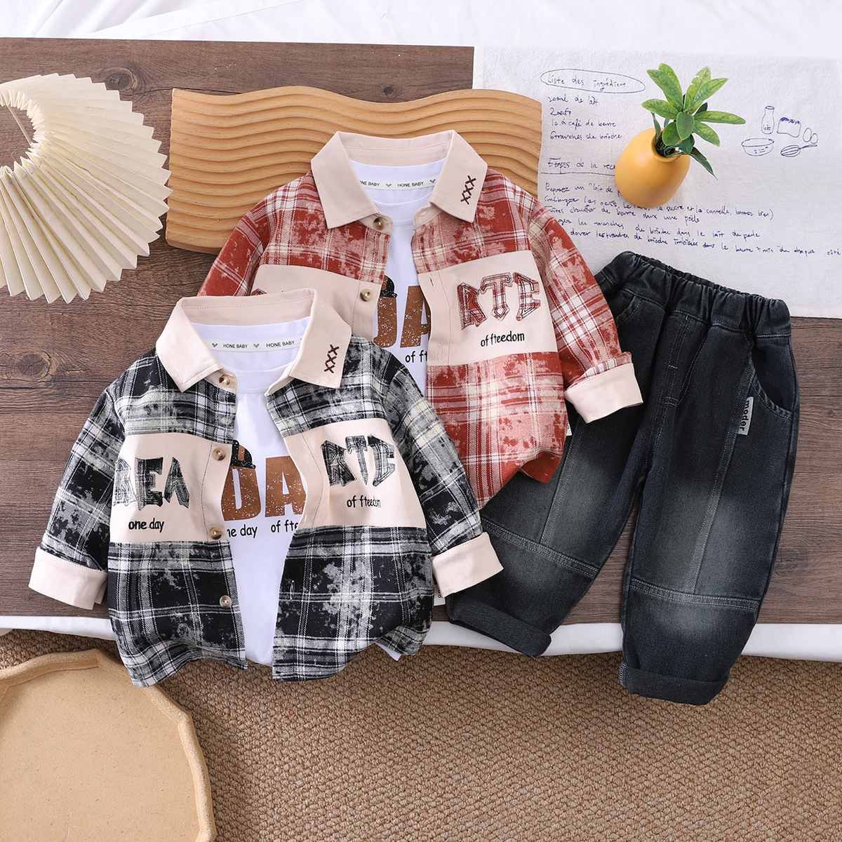 Casual autumn baby shirt long sleeved three piece set