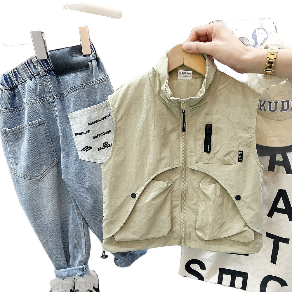 Letter Print Vest for Boys Loose Open Front Patchwork Pocket Sleeveless Jacket