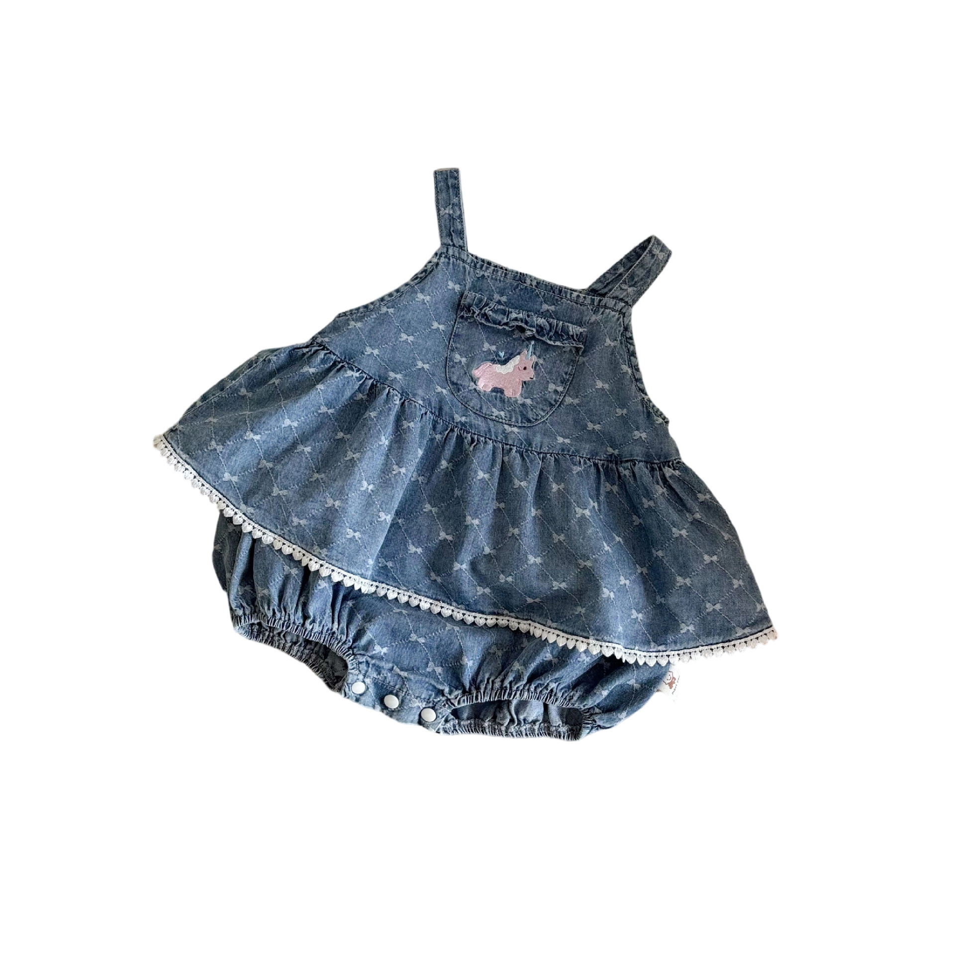 Cute Baby Girls' Denim Romper Summer Sweet Cool Lightweight Cartoon Onesie with Straps for Outings