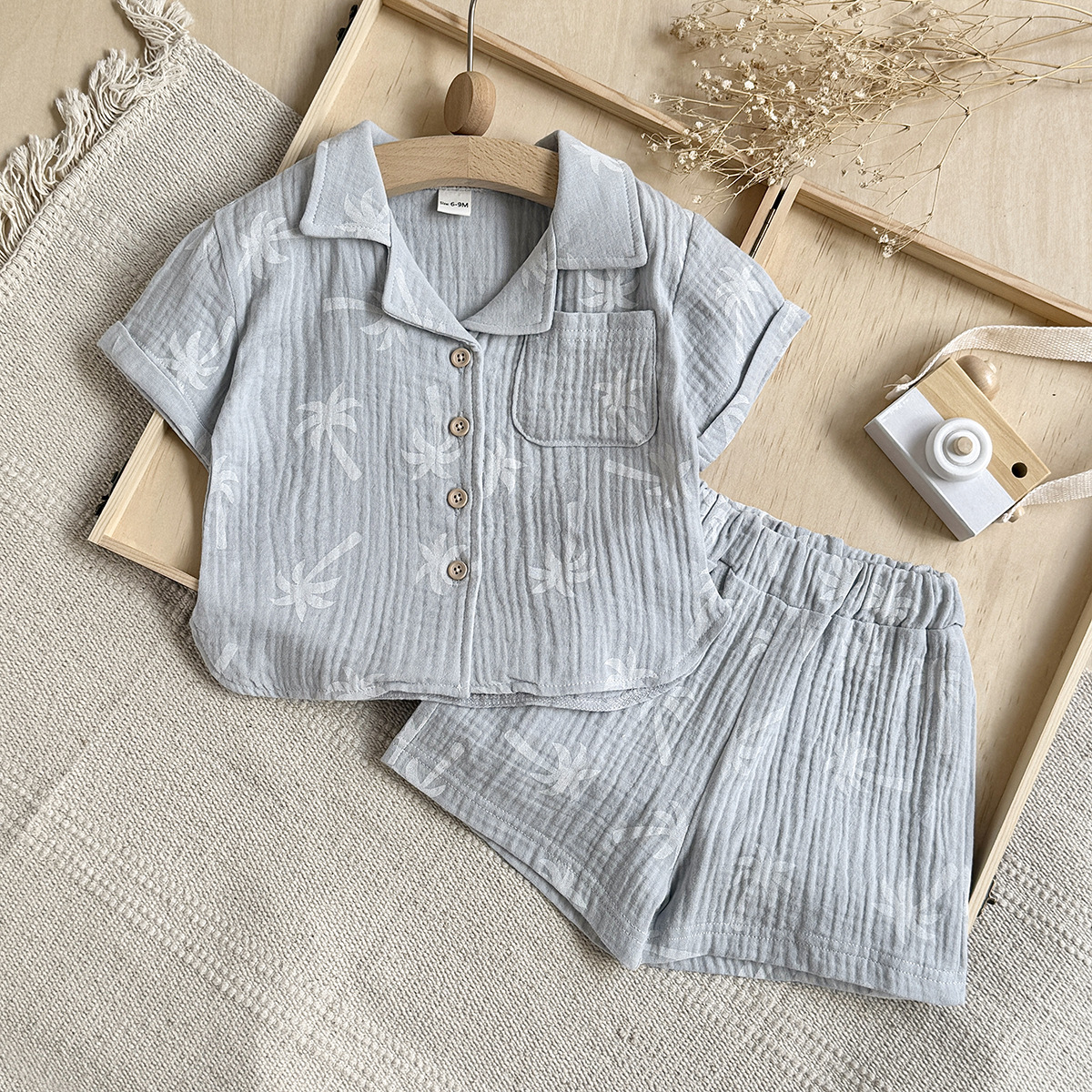 Coconut print pure cotton collar short sleeved shorts two-piece set
