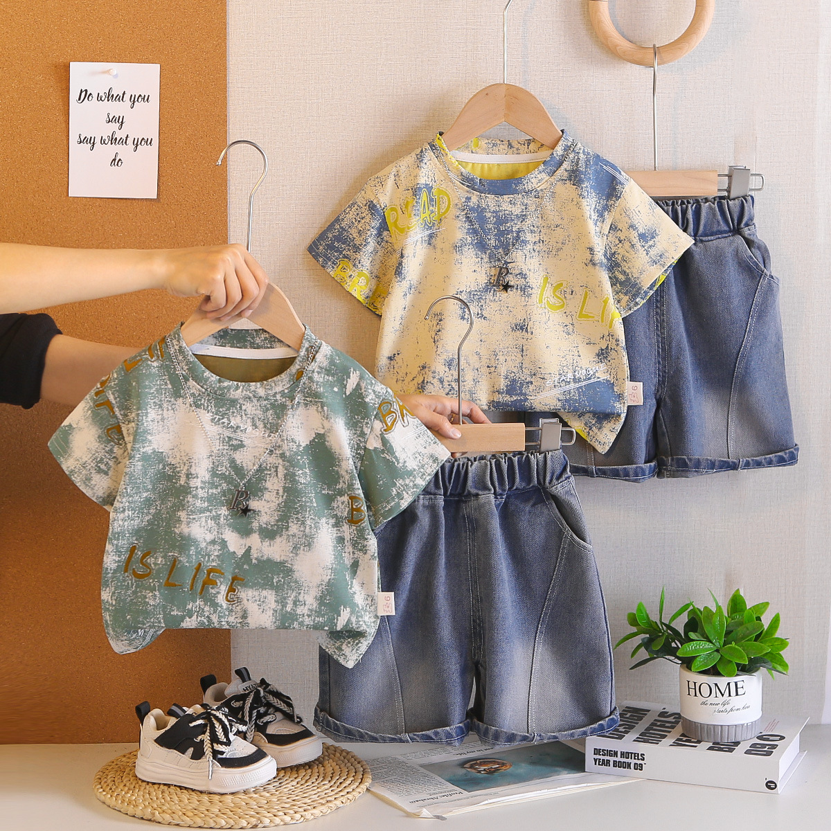Children's tie dye round neck jeans summer two-piece set for children's clothing