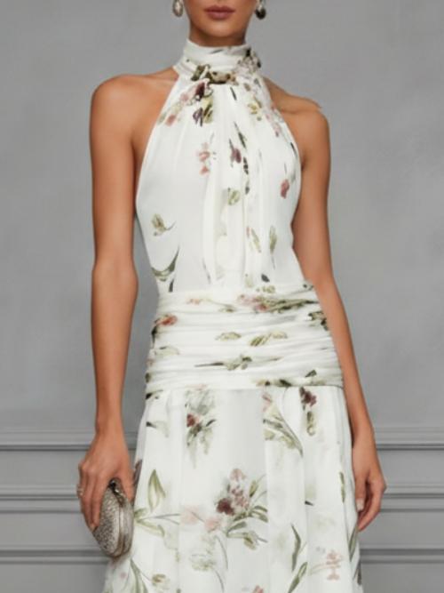 Halter neck printed long dress white green – fitted sleeveless maxi vacation