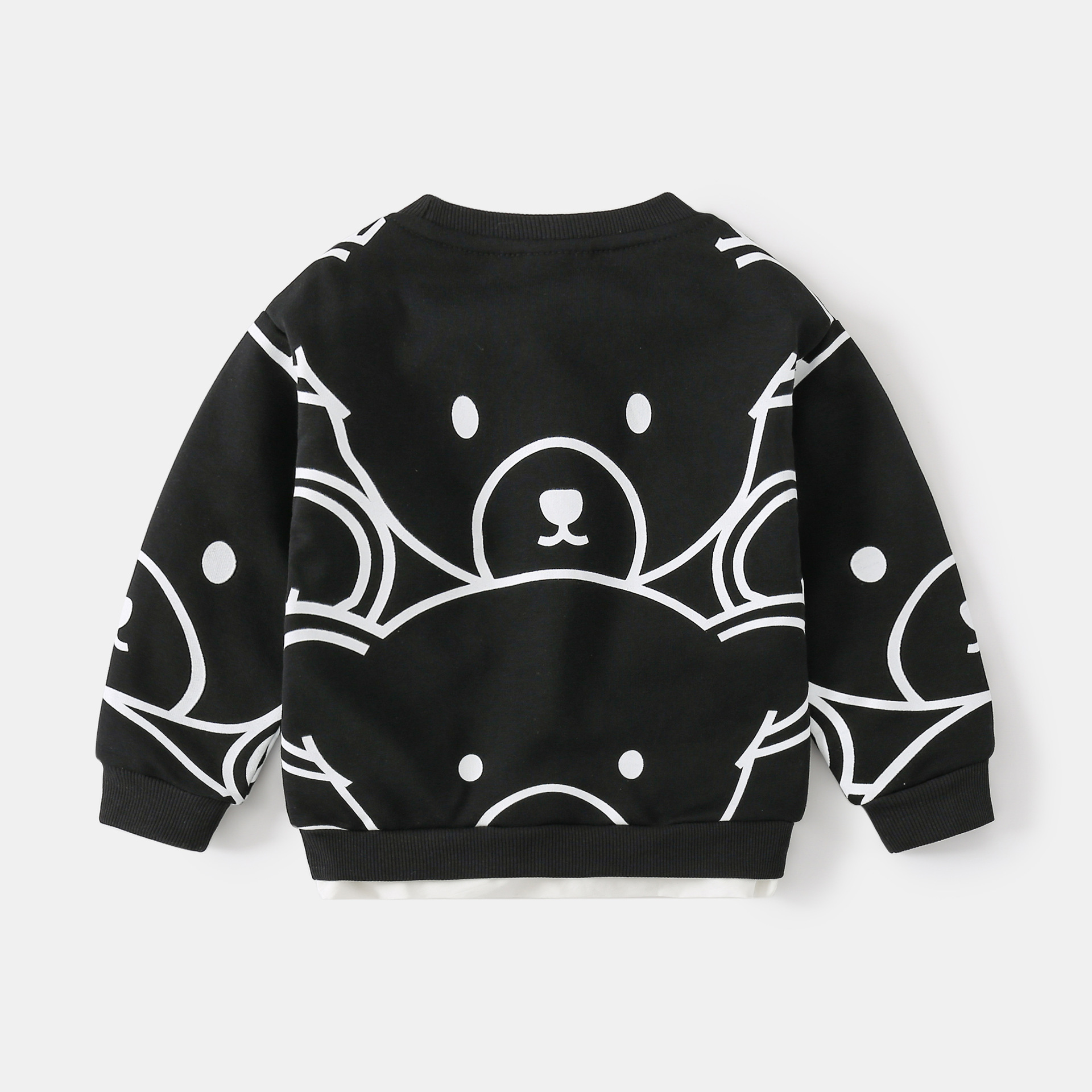 Solid Color Cartoon Bear Design, Casual Round Neck Cotton Long Sleeve Pullover for Boys