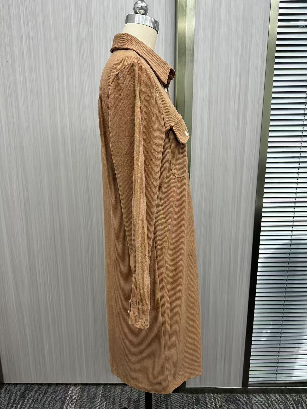 Women's corduroy long sleeve dress fabric texture and drape detail