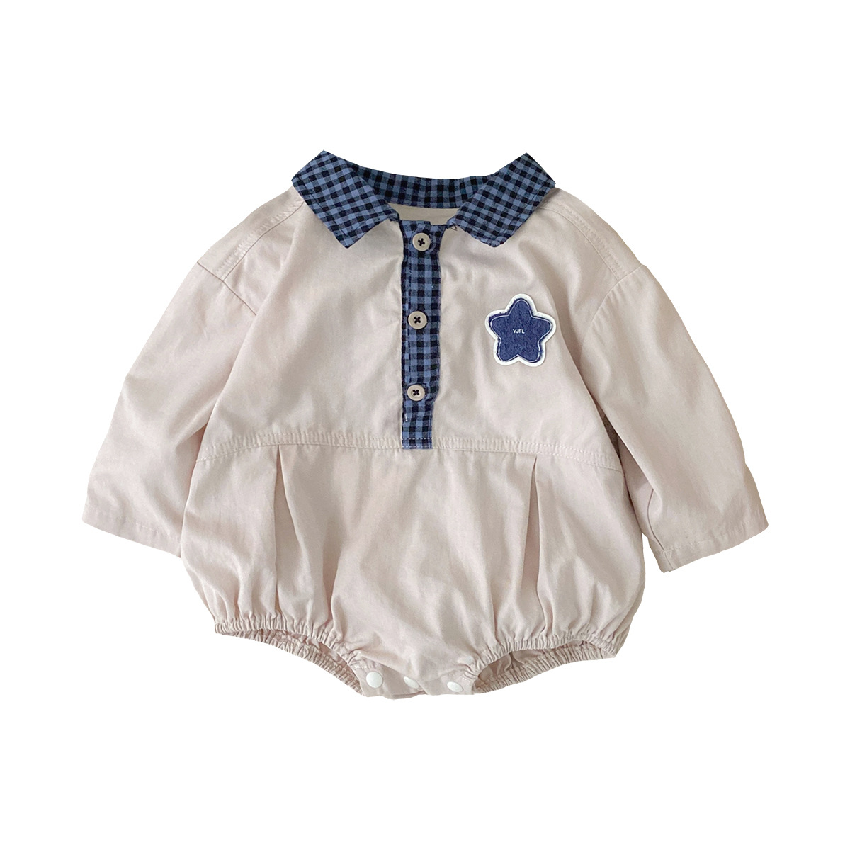 Blue Checkered Collar Romper with Polo Neck, Cute Baby Comfortable Outfit